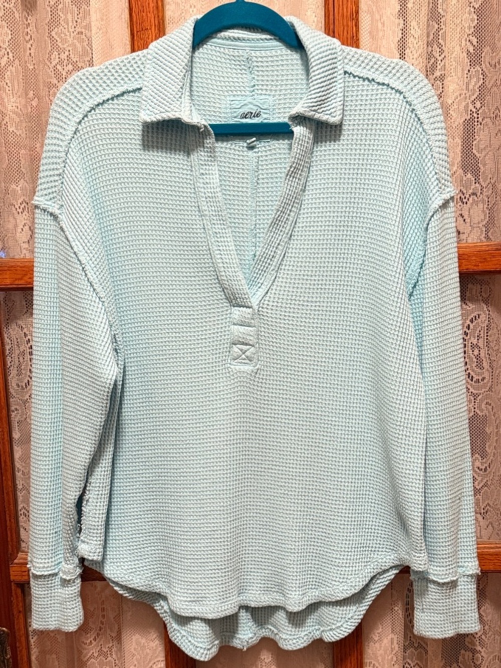 aerie Light Aqua LumberJane Waffle Knit Long Sleeve Polo